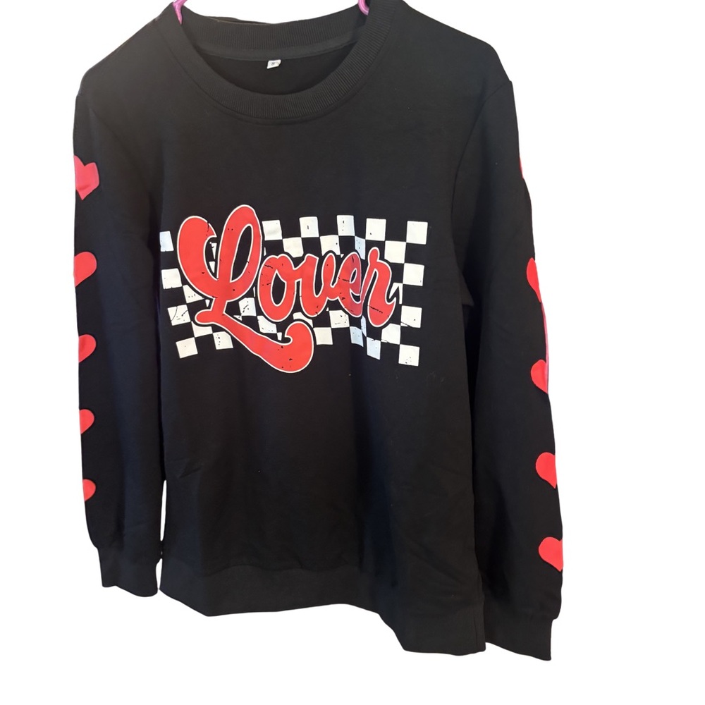 Lover Graphic Black Sweatshirt with Red Heart Sleeve Accents Small New